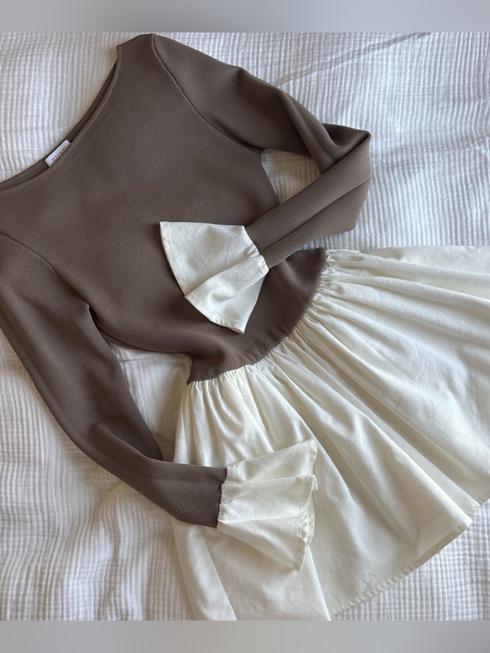 Brown and Cream Contrast Ruffle-Sleeve Women's Dress